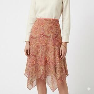 Paisley Asymmetric Hem Midi Skirt Bohemian Pink / Orange Pattern Sz 18 / 20